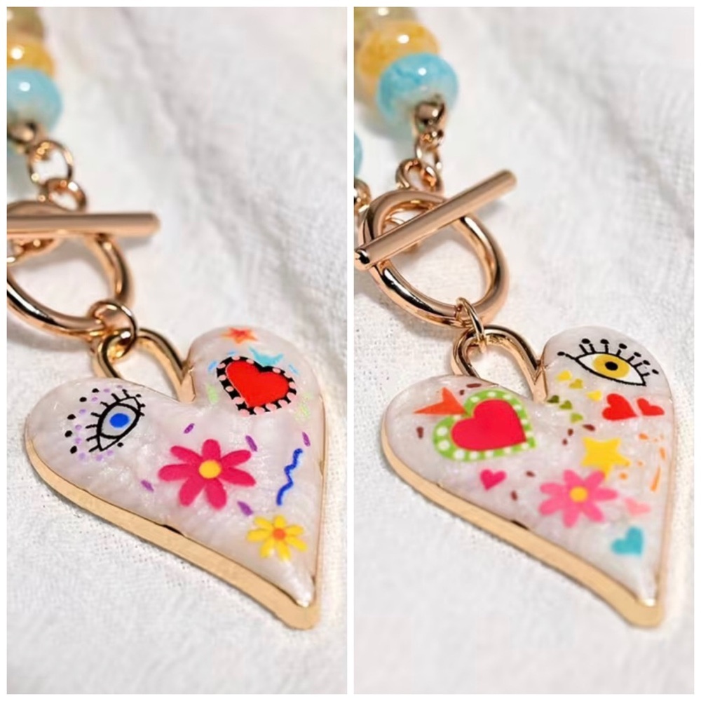 🌟HP!🌟 HEART OF GLASS 🩵✨ Handcrafted Glass Bead Heart Pendant Statement Necklace - Picture 5 of 5
